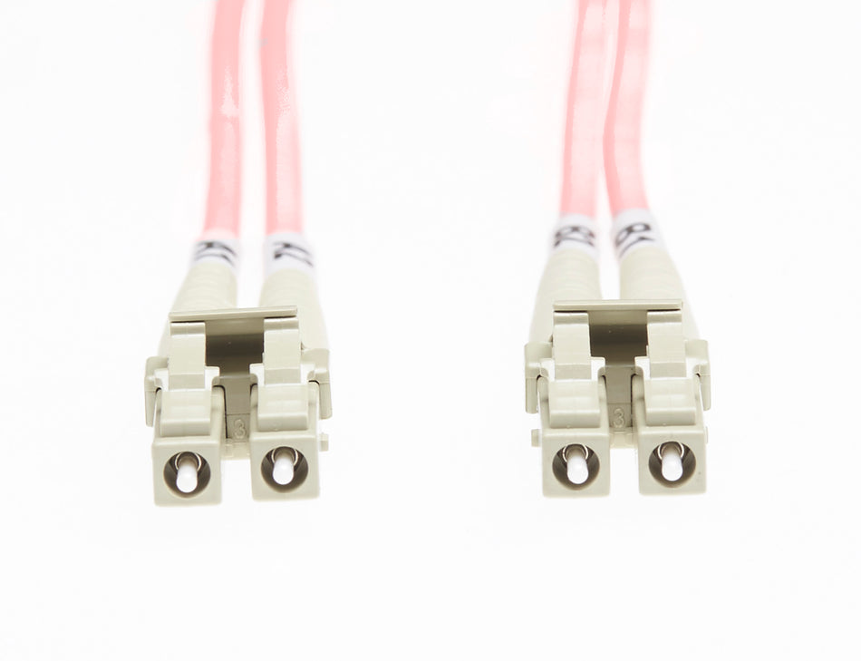 10m LC-LC OM4 Multimode Fibre Optic Cable: Salmon Pink - 2mm Oversleeving