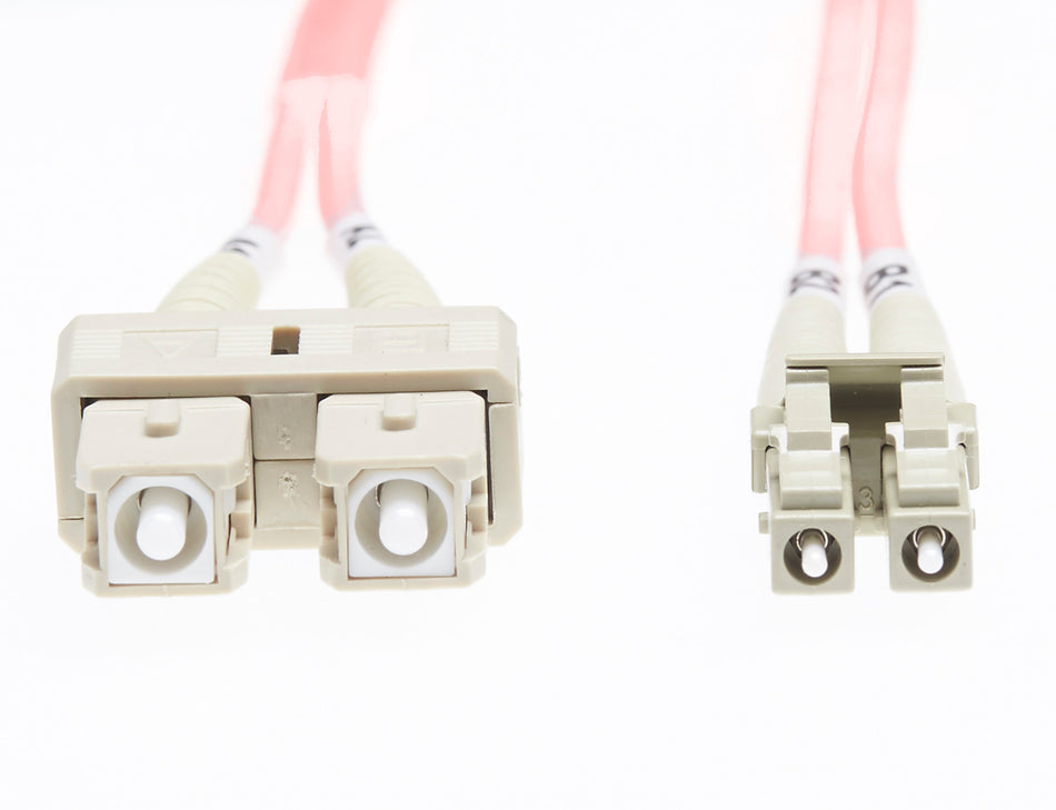1.5m LC-SC OM4 Multimode Fibre Optic Cable: 2mm Oversleeving - Salmon Pink