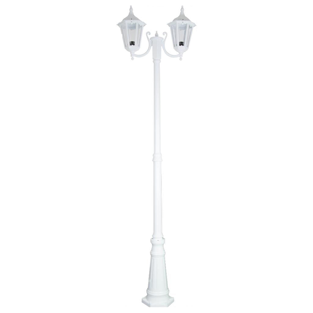 Chester Twin Head Curved Arm Tall Post Light White