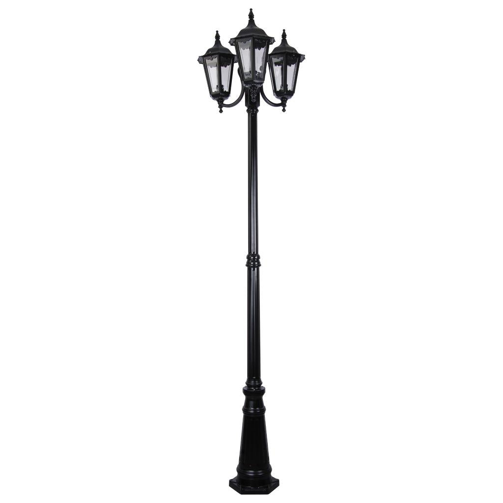 Chester Triple Head Curved Arm Tall Post Light Black