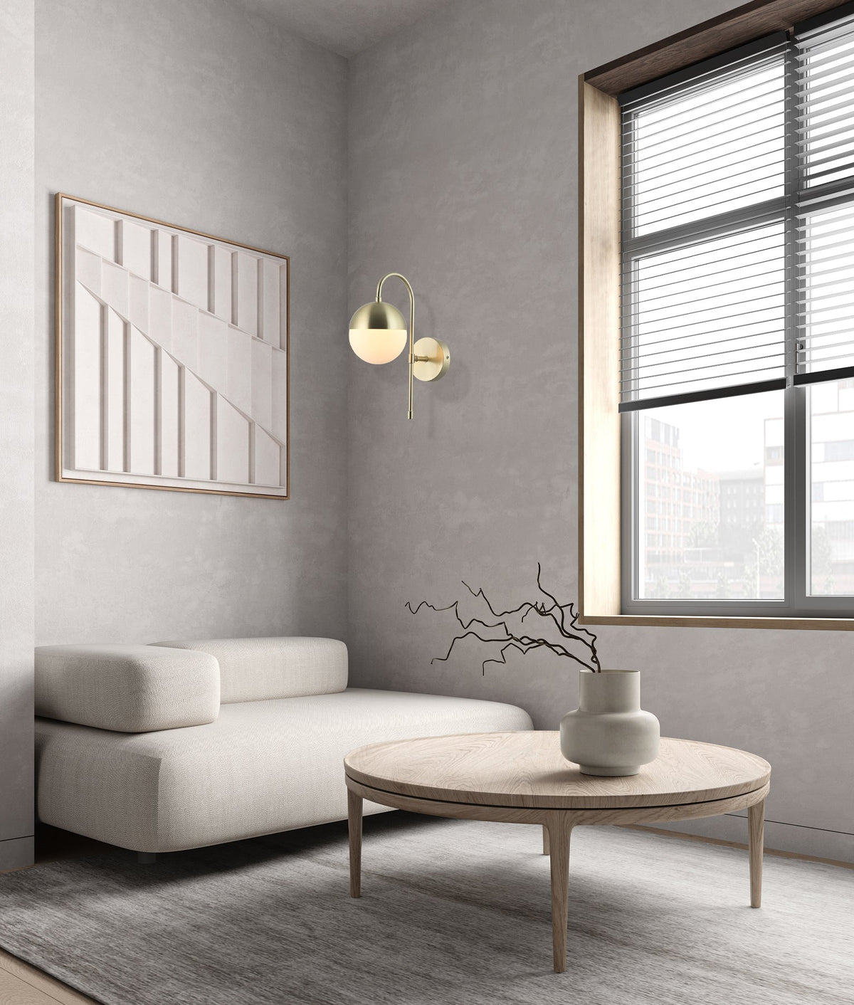 ARO Interior Round Opal Glass with Satin Gold Bracket Wall Light