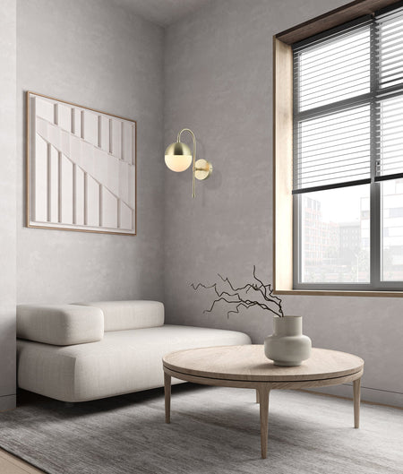 ARO Interior Round Opal Glass with Satin Gold Bracket Wall Light