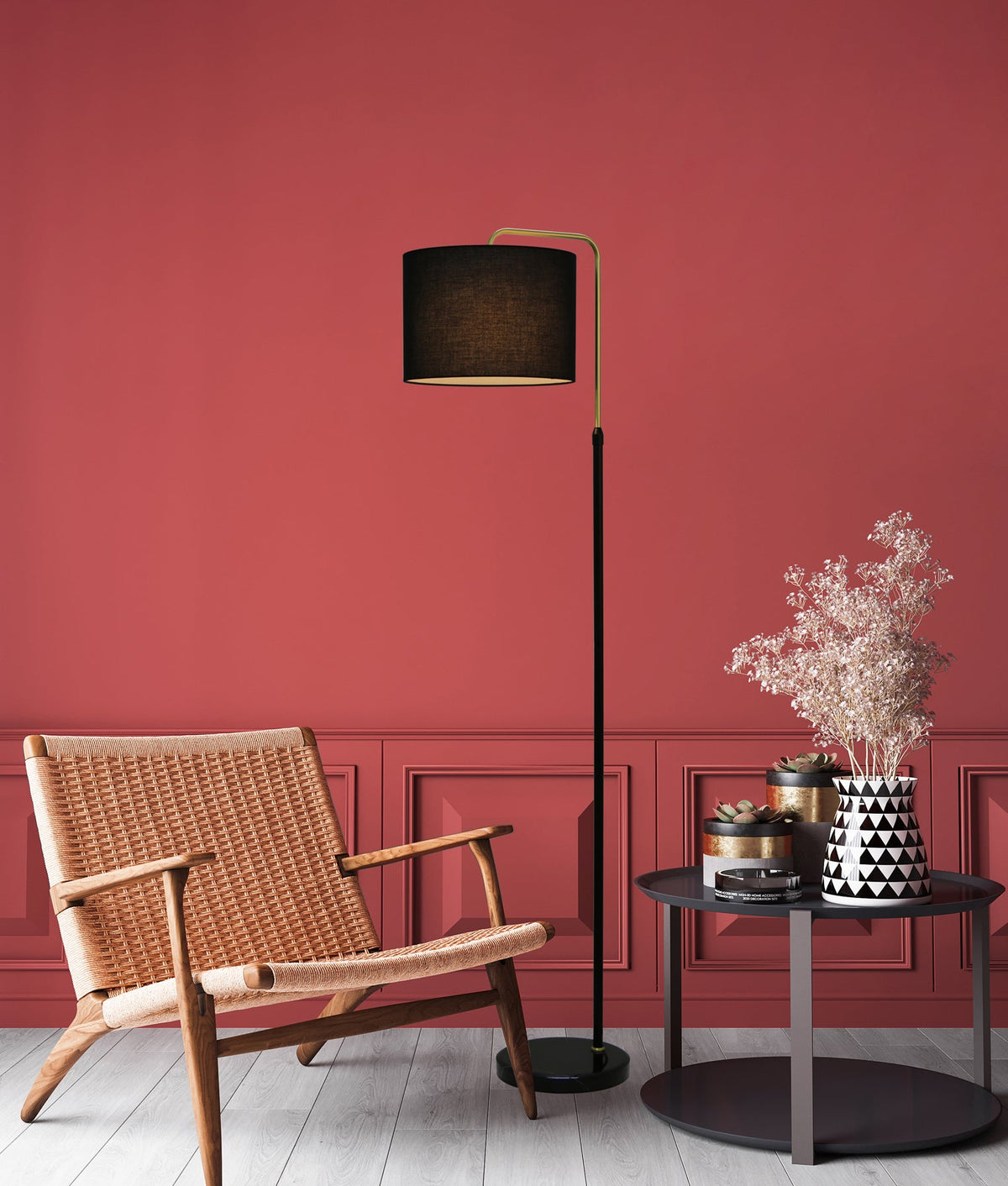 Arriba Drum Shade with Marble Base Height Adjustable Floor Lamp - Black