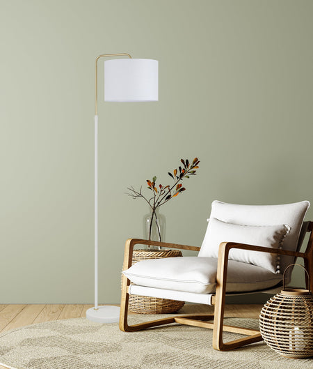 Arriba Drum Shade with Marble Base Height Adjustable Floor Lamp - White
