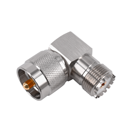 Hills Antenna UHF/PL-259 Male to UHF/SO-239 Female Right Angle Adaptor - Nickel Plated Body
