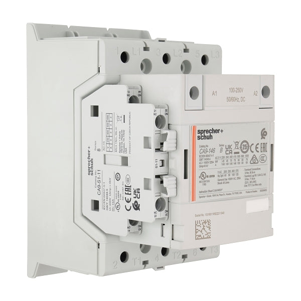 S&S CA9 Contactor 75kW 3Pole 100 to 250VAC and VDC Coil 1NO 1NC Contact Auxiliary with Lugs