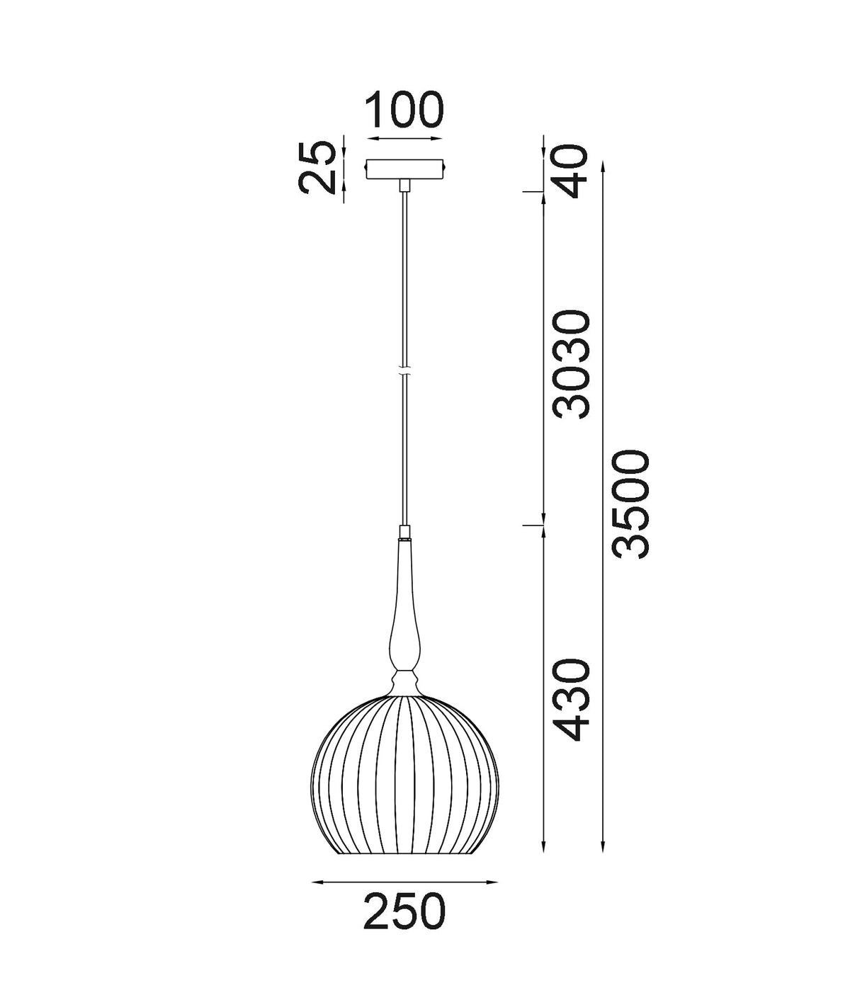 Caliz Interior Frosted Wine Glass Ribbed with Brass / Black Pendant Light - Black / Large