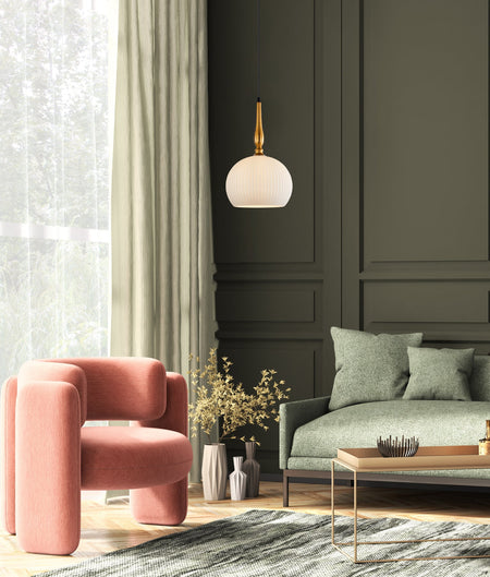 Caliz Interior Frosted Wine Glass Ribbed with Brass / Black Pendant Light - Brass / Large