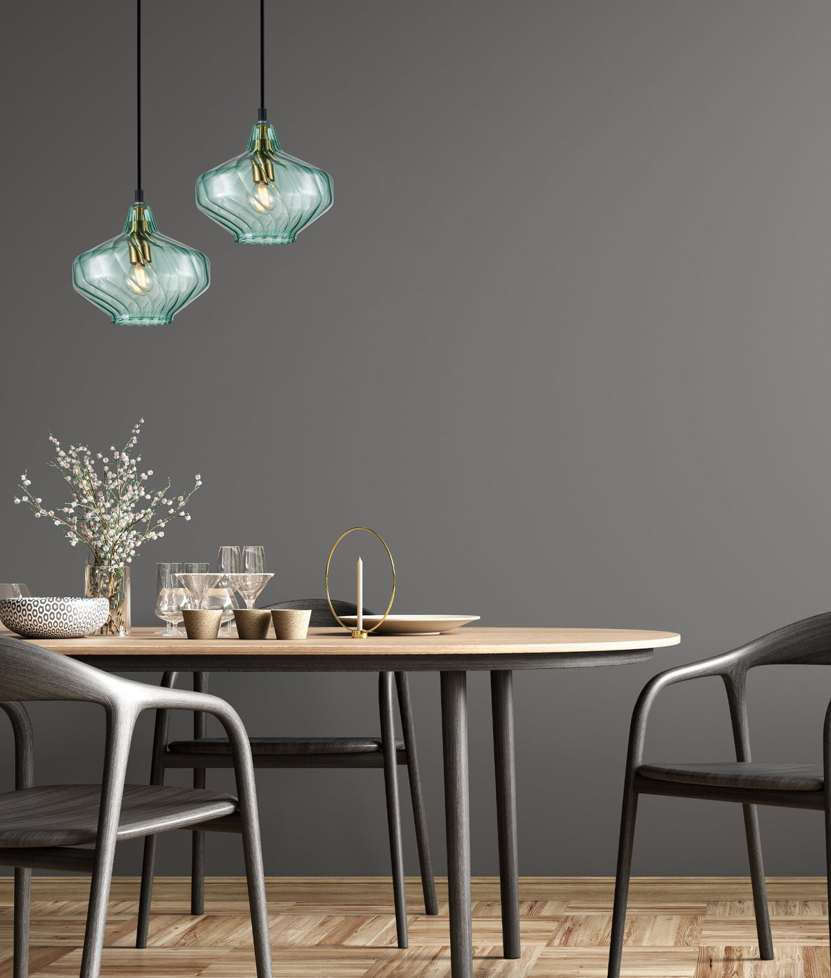 Campana Interior Wine Glass Shape Ribbed Pendant Light - Green