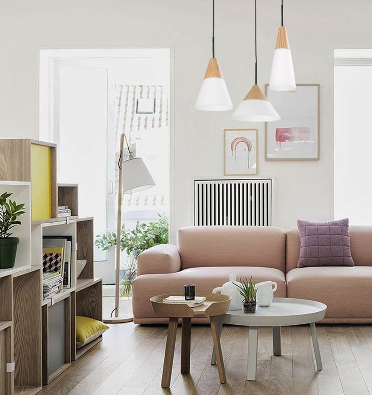 Finn Scandinavian Blonde Wood & Opal Glass Wide Cone Pendant Light