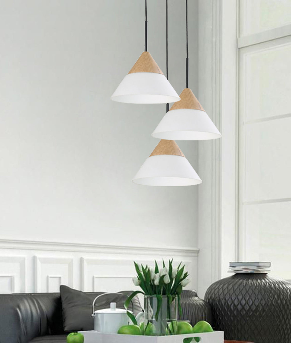 Finn Scandinavian Blonde Wood & Opal Glass Wide Cone Pendant Light