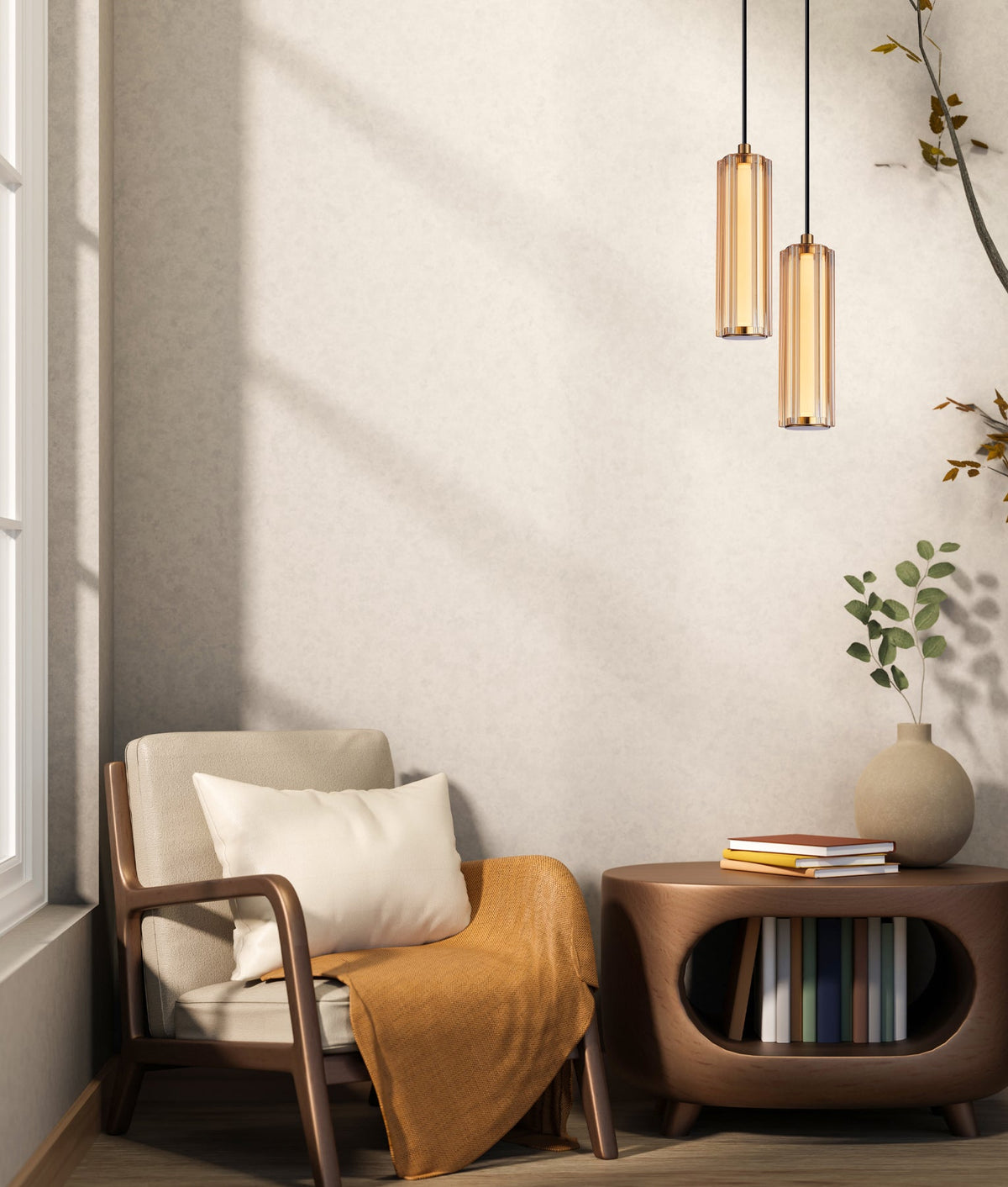 Freccia Interior LED Tri-CCT Glass with Curve Cylinder Pendant Light - Amber Glass