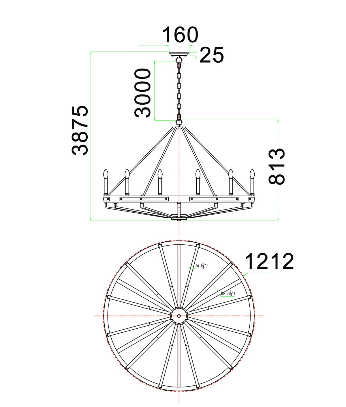Funale Interior Candelabra Natural Wood / Oak Wood 12-Light Pendant Light - Oak Wood Satin Brass Hardware