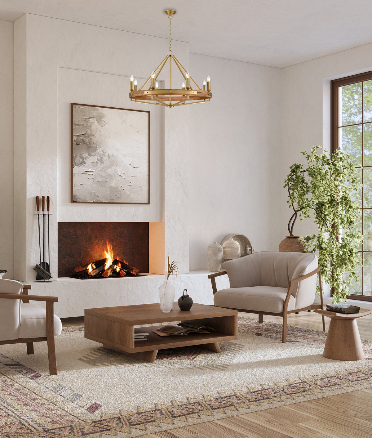 Funale Interior Candelabra Natural Wood / Oak Wood 8-Light Pendant Light - Oak Wood Satin Brass Hardware