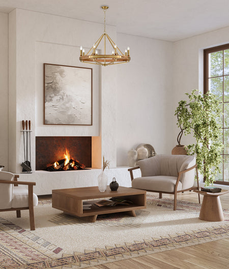 Funale Interior Candelabra Natural Wood / Oak Wood 8-Light Pendant Light - Oak Wood Satin Brass Hardware