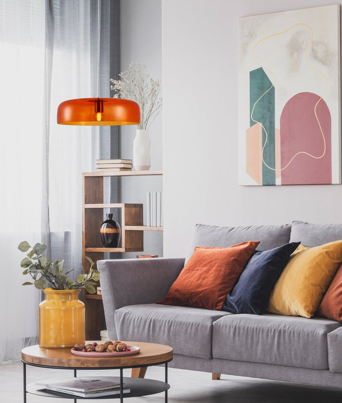 Gelatina Interior Dome Glass with Brass Highlight Pendant Light - Orange