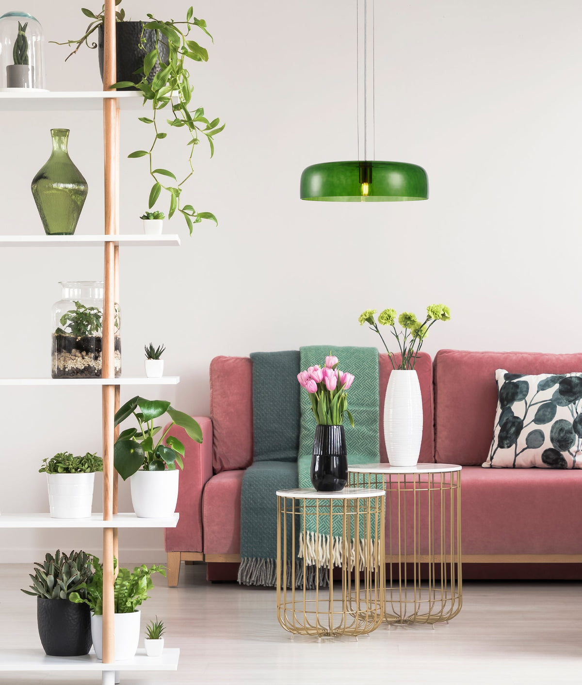 Gelatina Interior Dome Glass with Brass Highlight Pendant Light - Green