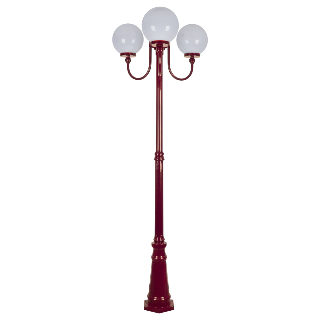 Lisbon Triple 25cm Spheres Curved Arms Tall Post Light Burgundy