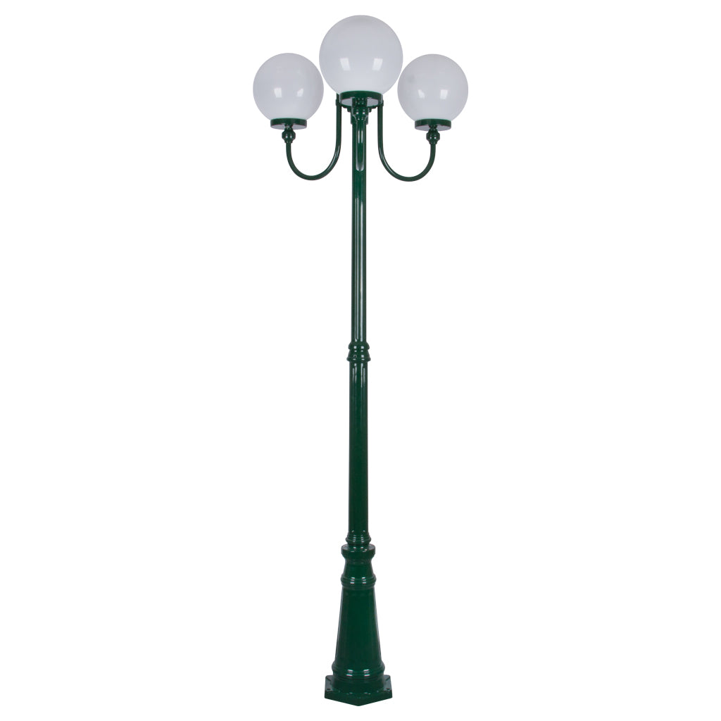 Lisbon Triple 25cm Spheres Curved Arms Tall Post Light Green