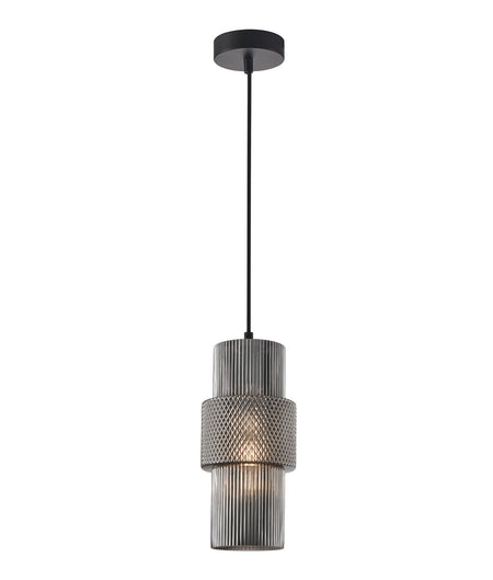 Hueca Interior Double Cylinder Ribbed with Segment Pendant Light - Smokey Black