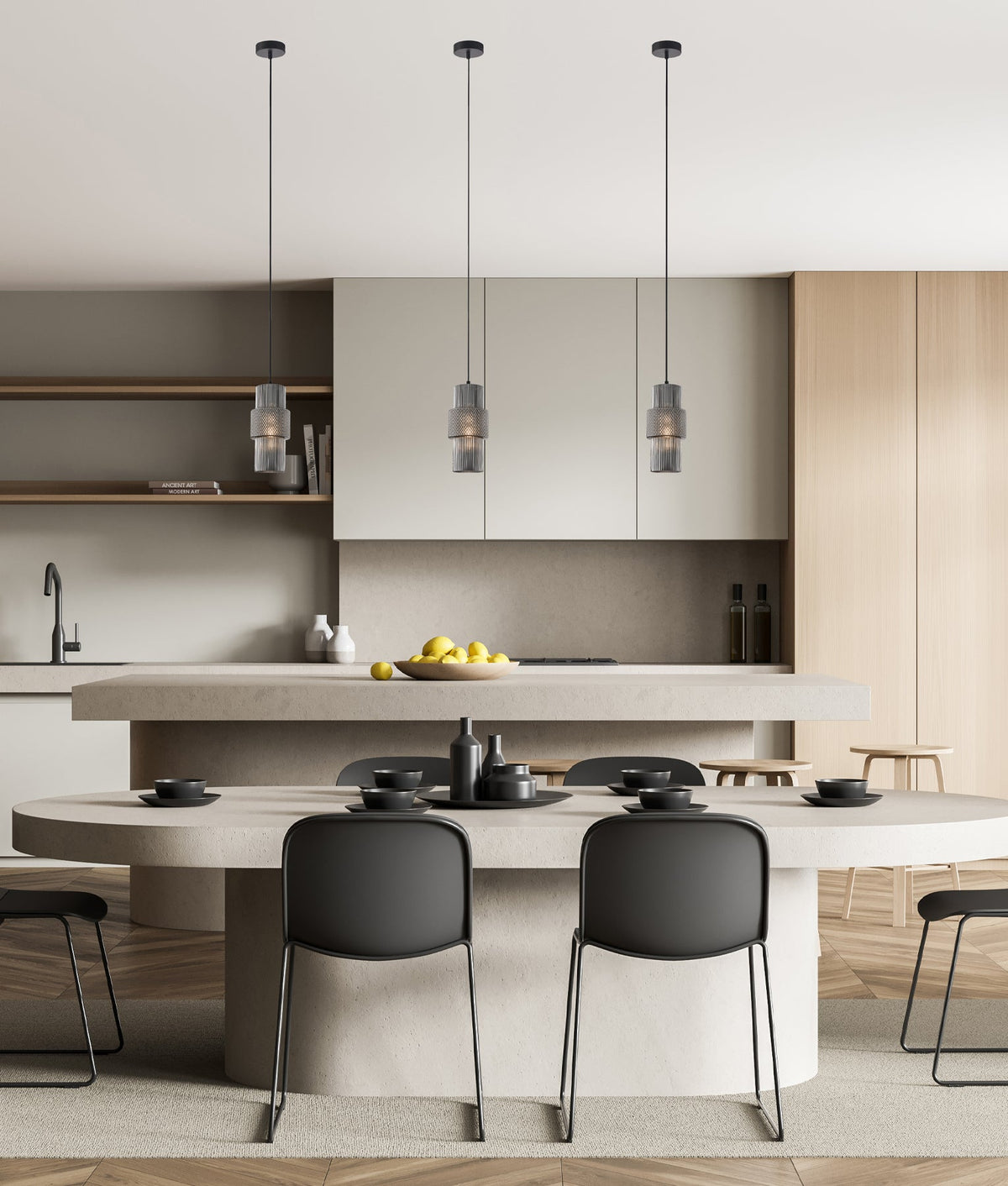 Hueca Interior Double Cylinder Ribbed with Segment Pendant Light - Smokey Black
