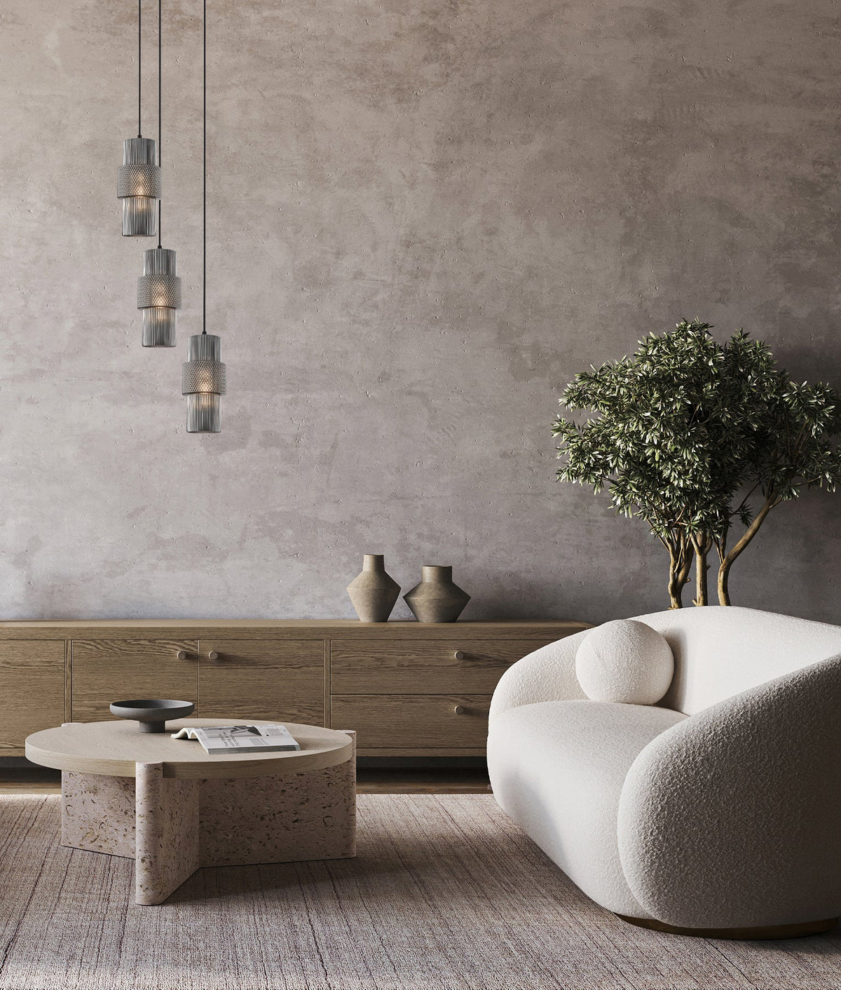 Hueca Interior Double Cylinder Ribbed with Segment Pendant Light - Smokey Black
