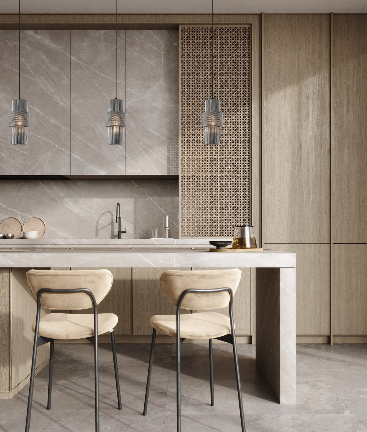 Hueca Interior Double Cylinder Ribbed with Segment Pendant Light - Smokey Black