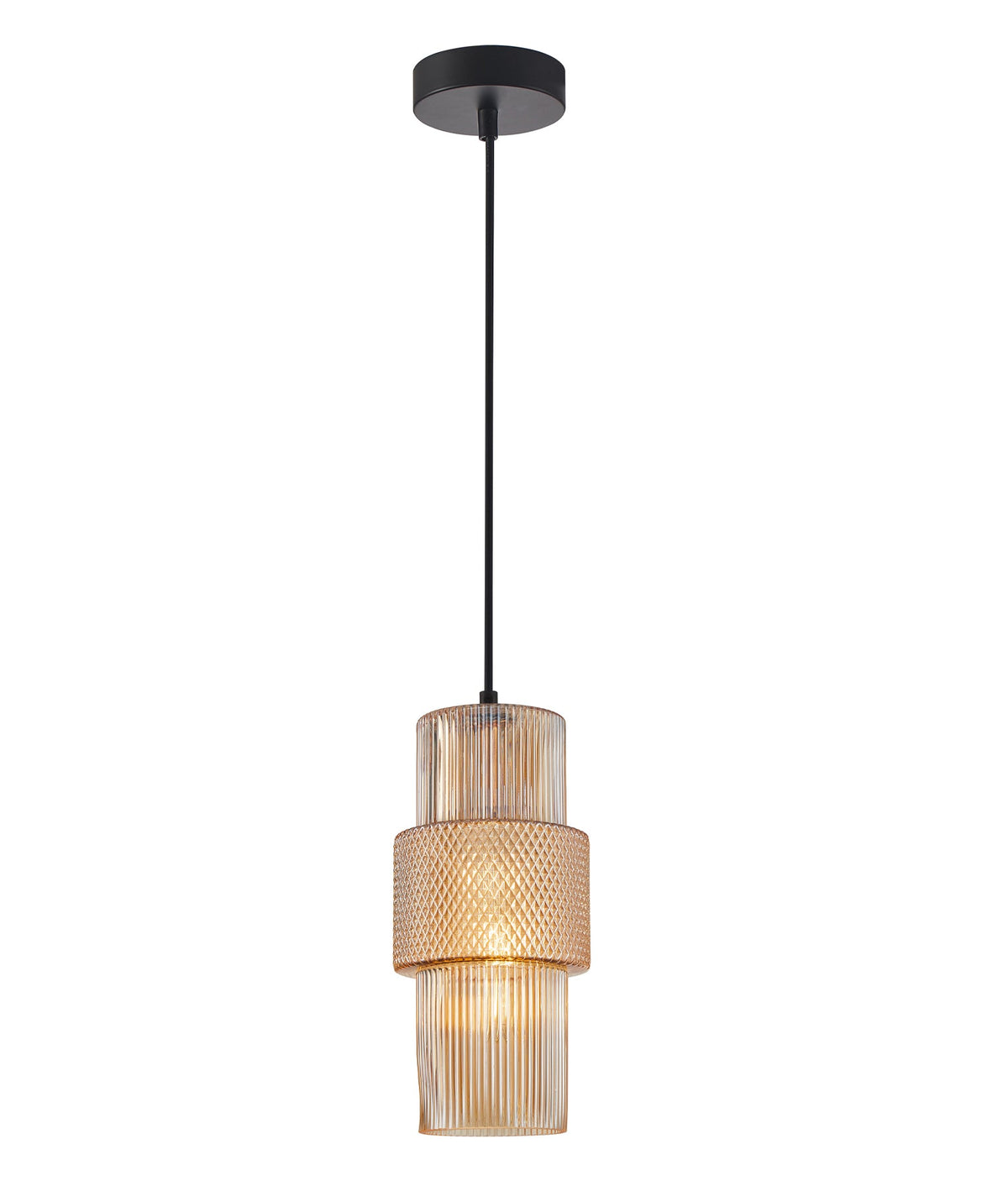 Hueca Interior Double Cylinder Ribbed with Segment Pendant Light - Amber