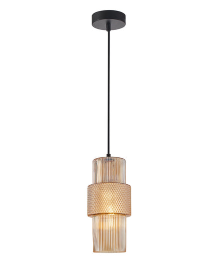 Hueca Interior Double Cylinder Ribbed with Segment Pendant Light - Amber