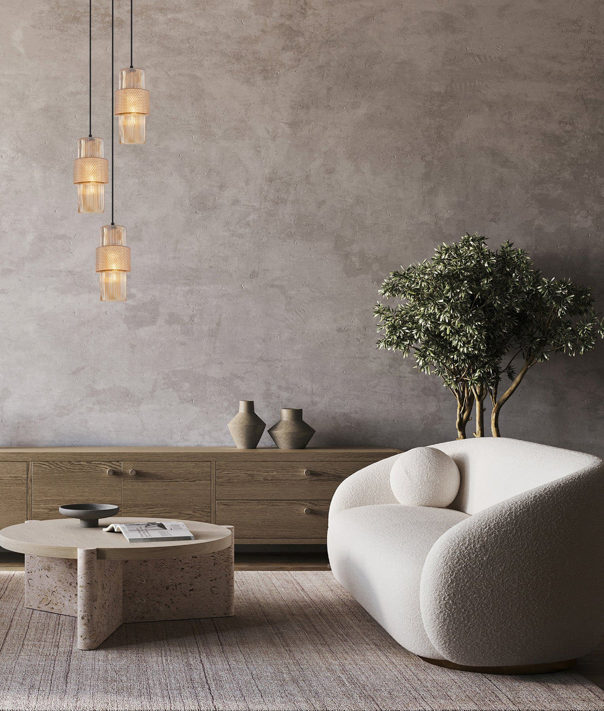 Hueca Interior Double Cylinder Ribbed with Segment Pendant Light - Amber