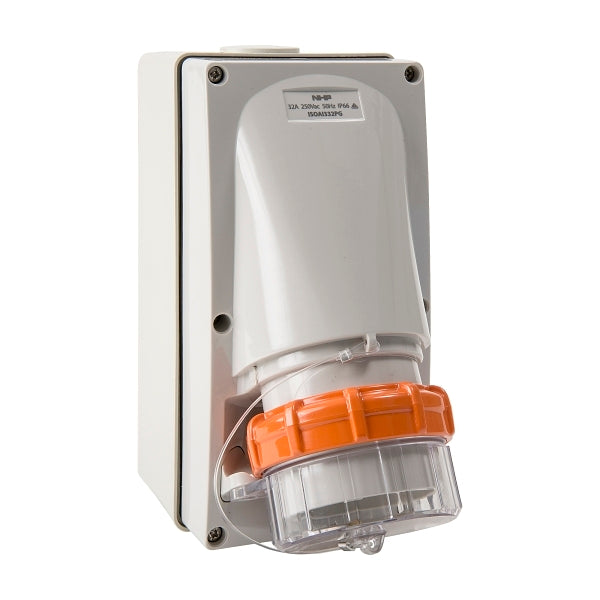 NHP ISO Appliance Inlet, 3 Round Pins 32A 250V AC, with Base 63mm, Grey