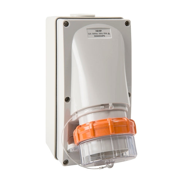 NHP ISO Appliance Inlet, 5 Round Pins 32A 500V AC, w/ Base 63mm, Grey