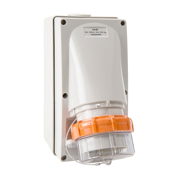 NHP ISO Appliance Inlet, 5 Round Pins 40A 500V AC, w/ Base 63mm, Grey