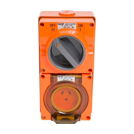 NHP ISO Switched Socket Outlet, 2 Flat Pins + 1 Round Earth 10A 250V AC, w/ Base, RO
