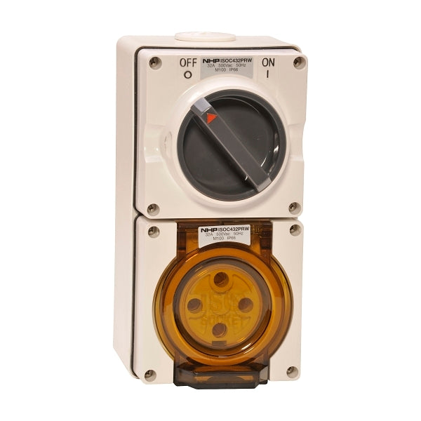 NHP ISO Switched Socket Outlet, 4 Round Pins 32A 500V AC, with Base, R ...