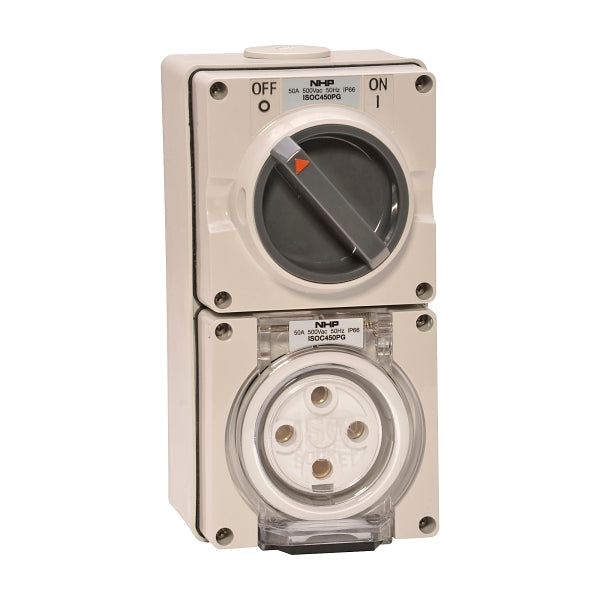 NHP ISO Switched Socket Outlet, 4 Round Pins 50A 500V AC, with Base, GY