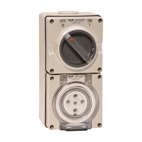 NHP ISO Switched Socket Outlet, 5 Round Pins 10A 500V AC, with Base, G ...