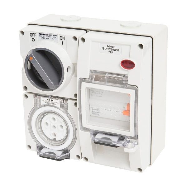 NHP ISO Switched Socket Outlet - RCD, 5 Round Pins 40A 500V AC, with Base, GY