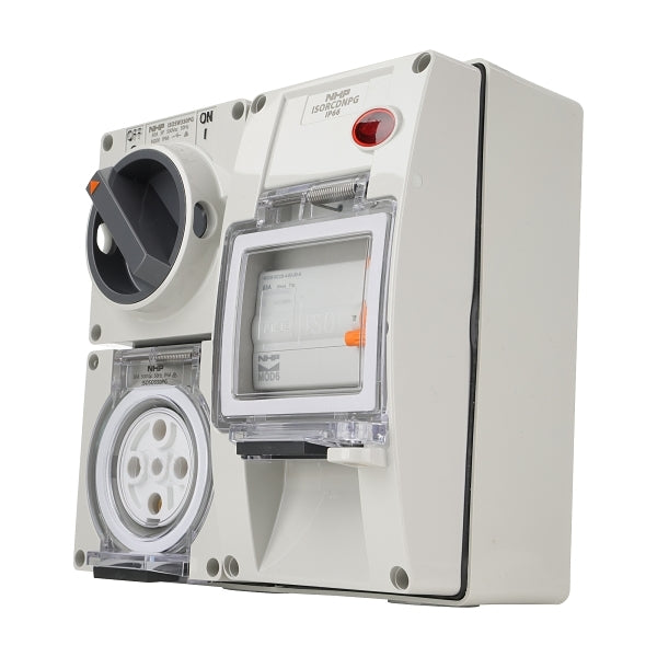 NHP ISO Switched Socket Outlet - RCD, 5 Round Pins 50A 500V AC, with Base, GY