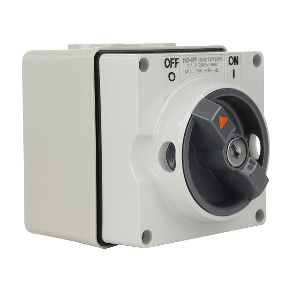 NHP ISO Surface Switch - Key, Lock in OFF, 2 Pole 20A 250V AC, w/ Base, Grey***EMAIL/TEXT FOR PRICING***