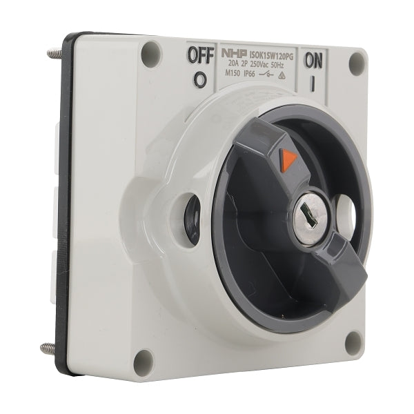 NHP ISO Surface Switch - Key, Lock in OFF, 2 Pole 20A 250V AC, w/o Base, Grey***EMAIL/TEXT FOR PRICING***