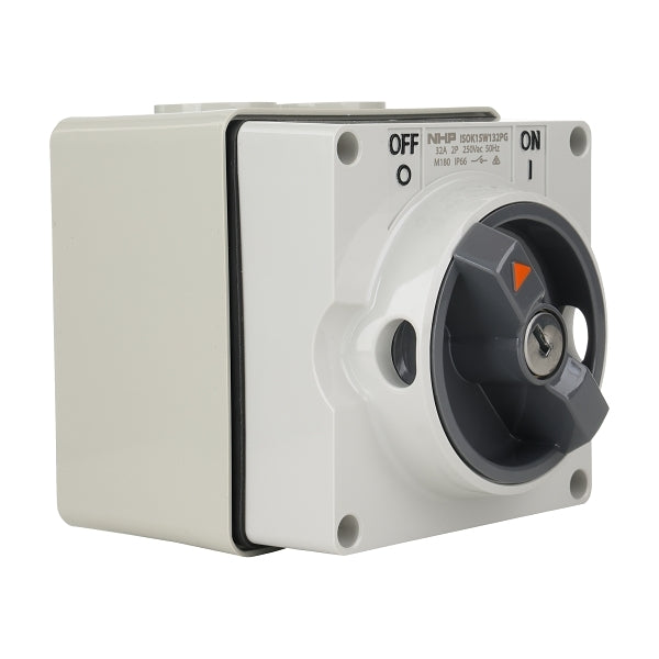 NHP ISO Surface Switch - Key, Lock in OFF, 2 Pole 32A 250V AC, w/ Base, Grey***EMAIL/TEXT FOR PRICING***