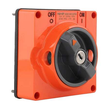 NHP ISO Surface Switch - Key, Lock in OFF, 2 Pole 32A 250V AC, w/o Base, Resistant Orange