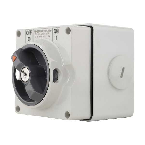 NHP ISO Surface Switch - Key, Lock in OFF, 3 Pole 20A 500V AC, w/ Base, Grey***EMAIL/TEXT FOR PRICING***