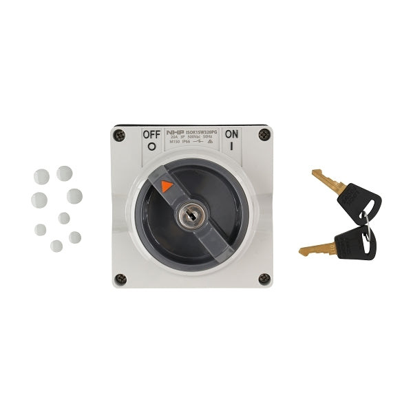 NHP ISO Surface Switch - Key, Lock in OFF, 3 Pole 20A 500V AC, w/o Base, Grey