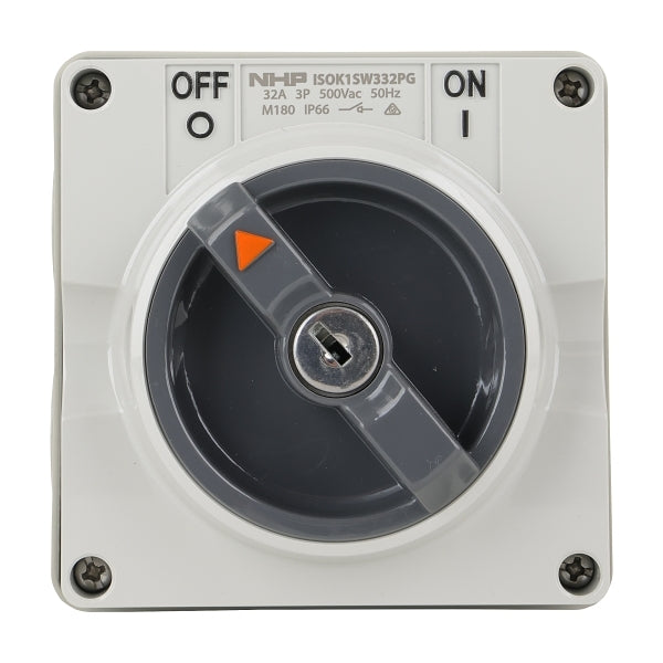 NHP ISO Surface Switch - Key, Lock in OFF, 3 Pole 32A 500V AC, w/ Base, Grey***EMAIL/TEXT FOR PRICING***