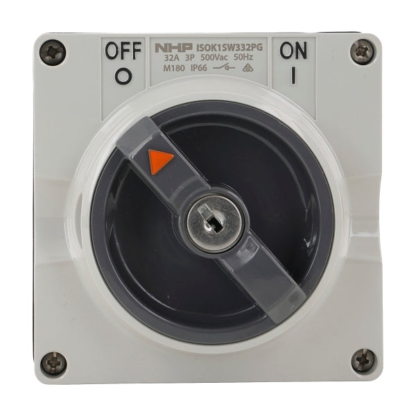 NHP ISO Surface Switch - Key, Lock in OFF, 3 Pole 32A 500V AC, w/o Base, Grey***EMAIL/TEXT FOR PRICING***