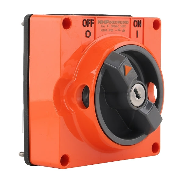 NHP ISO Surface Switch - Key, Lock in OFF, 3 Pole 32A 500V AC, w/o Base, Resistant Orange***EMAIL/TEXT FOR PRICING***