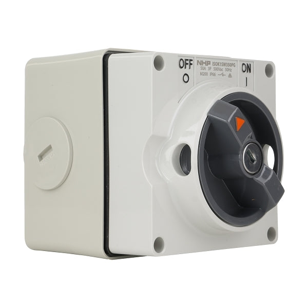 NHP ISO Surface Switch - Key, Lock in OFF, 3 Pole 50A 500V AC, w/ Base, Grey***EMAIL/TEXT FOR PRICING***