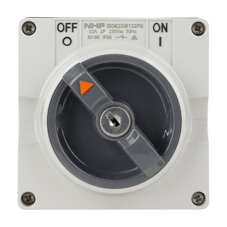 NHP ISO Surface Switch - Key, Lock in ON/OFF, 2 Pole 32A 250V AC, w/o Base, Grey